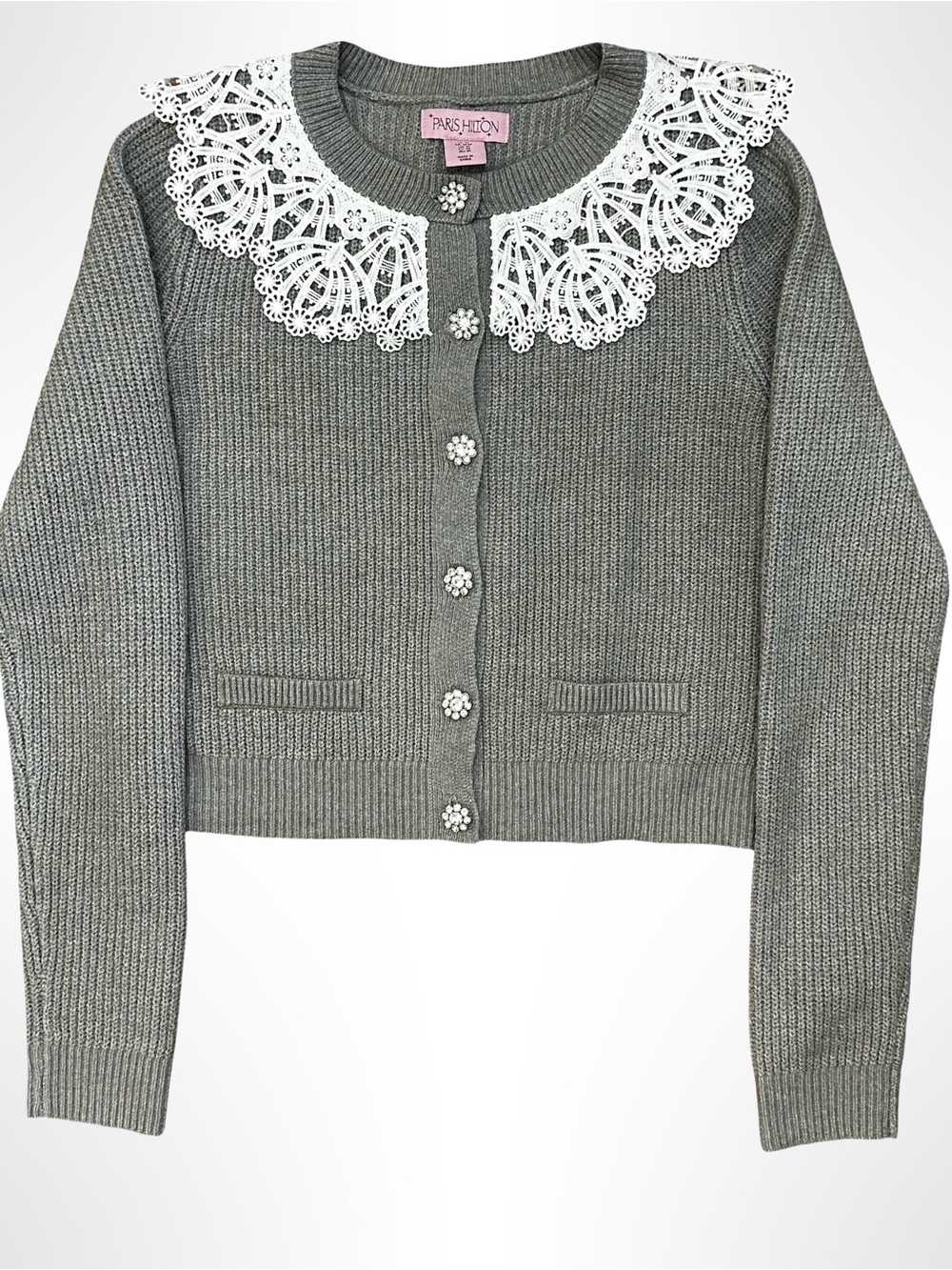 Paris Hilton Gray Cardigan with Decorative Lace Collar